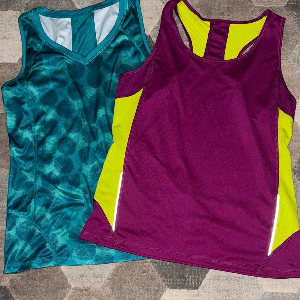 Lot TEK GEAR Teal and Purple Athletic Racerback Tank Tops sz Large set